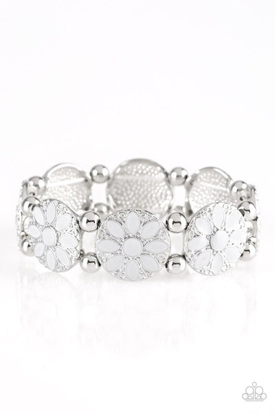 Dancing Dahlias Silver Bracelet-Jewelry-Paparazzi Accessories-Ericka C Wise, $5 Jewelry Paparazzi accessories jewelry ericka champion wise elite consultant life of the party fashion fix lead and nickel free florida palm bay melbourne