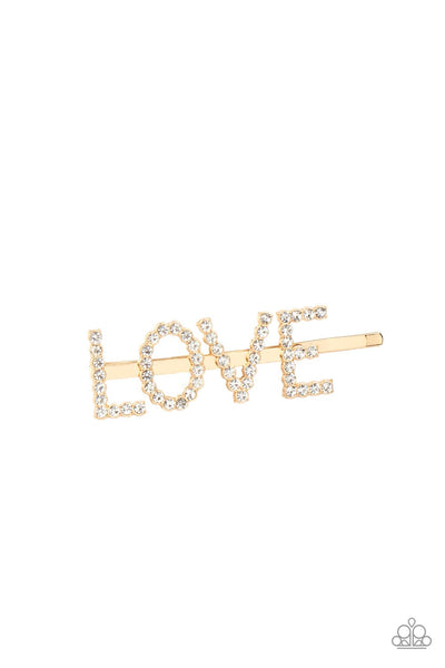All You Need is Love Gold Hairclip-Jewelry-Paparazzi Accessories-Ericka C Wise, $5 Jewelry Paparazzi accessories jewelry ericka champion wise elite consultant life of the party fashion fix lead and nickel free florida palm bay melbourne