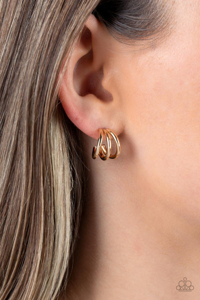 Triple Down Gold Earrings-Jewelry-Paparazzi Accessories-Ericka C Wise, $5 Jewelry Paparazzi accessories jewelry ericka champion wise elite consultant life of the party fashion fix lead and nickel free florida palm bay melbourne