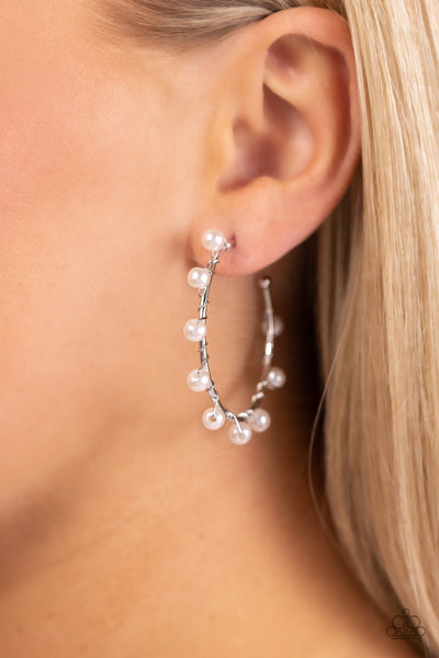 Night at the Gala White Hoop Earrings-Jewelry-Paparazzi Accessories-Ericka C Wise, $5 Jewelry Paparazzi accessories jewelry ericka champion wise elite consultant life of the party fashion fix lead and nickel free florida palm bay melbourne