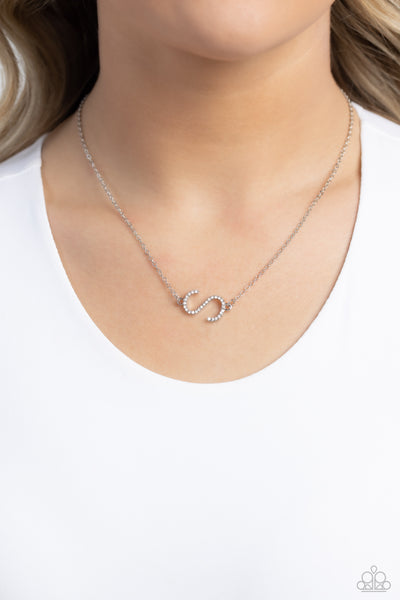Initially Yours White Necklace- S-Jewelry-Paparazzi Accessories-Ericka C Wise, $5 Jewelry Paparazzi accessories jewelry ericka champion wise elite consultant life of the party fashion fix lead and nickel free florida palm bay melbourne