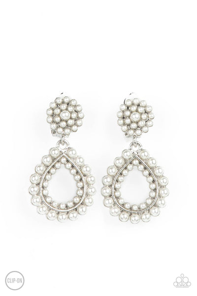 Discerning Droplets White Clip On Earrings-Jewelry-Ericka C Wise, $5 Jewelry-Ericka C Wise, $5 Jewelry Paparazzi accessories jewelry ericka champion wise elite consultant life of the party fashion fix lead and nickel free florida palm bay melbourne