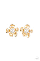 Apple Blossom Pearls Gold Earrings-Jewelry-Paparazzi Accessories-Ericka C Wise, $5 Jewelry Paparazzi accessories jewelry ericka champion wise elite consultant life of the party fashion fix lead and nickel free florida palm bay melbourne