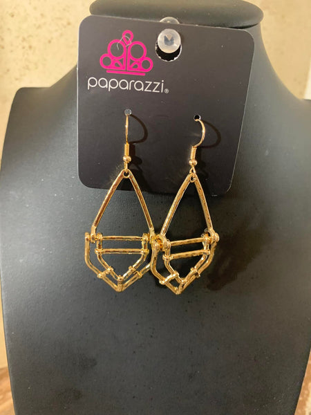 Artisan Apparatus Gold Earrings-Jewelry-Paparazzi Accessories-Ericka C Wise, $5 Jewelry Paparazzi accessories jewelry ericka champion wise elite consultant life of the party fashion fix lead and nickel free florida palm bay melbourne