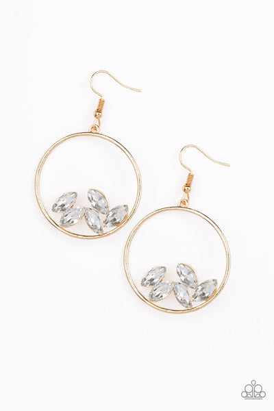 Cue the Confetti Gold Earrings-Jewelry-Paparazzi Accessories-Ericka C Wise, $5 Jewelry Paparazzi accessories jewelry ericka champion wise elite consultant life of the party fashion fix lead and nickel free florida palm bay melbourne