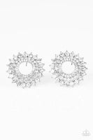 Buckingham Beauty White Rhinestone Earrings-Jewelry-Paparazzi Accessories-Ericka C Wise, $5 Jewelry Paparazzi accessories jewelry ericka champion wise elite consultant life of the party fashion fix lead and nickel free florida palm bay melbourne