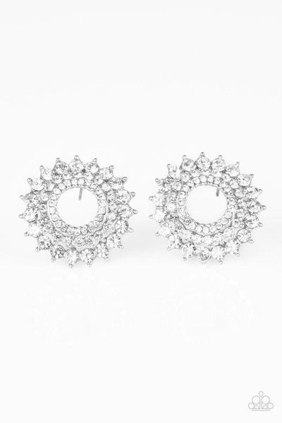 Buckingham Beauty White Rhinestone Earrings-Jewelry-Paparazzi Accessories-Ericka C Wise, $5 Jewelry Paparazzi accessories jewelry ericka champion wise elite consultant life of the party fashion fix lead and nickel free florida palm bay melbourne