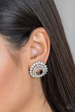 Buckingham Beauty White Rhinestone Earrings-Jewelry-Paparazzi Accessories-Ericka C Wise, $5 Jewelry Paparazzi accessories jewelry ericka champion wise elite consultant life of the party fashion fix lead and nickel free florida palm bay melbourne