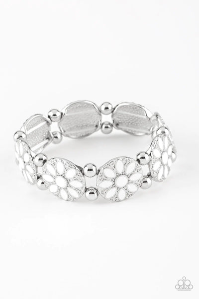 Dancing Dahlias White Bracelet-Jewelry-Paparazzi Accessories-Ericka C Wise, $5 Jewelry Paparazzi accessories jewelry ericka champion wise elite consultant life of the party fashion fix lead and nickel free florida palm bay melbourne
