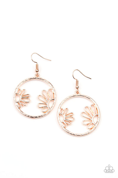 Demurely Daisy Rose Gold Earrings-Jewelry-Paparazzi Accessories-Ericka C Wise, $5 Jewelry Paparazzi accessories jewelry ericka champion wise elite consultant life of the party fashion fix lead and nickel free florida palm bay melbourne