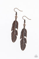 Feathers QUILL Fly Copper Earrings-Jewelry-Paparazzi Accessories-Ericka C Wise, $5 Jewelry Paparazzi accessories jewelry ericka champion wise elite consultant life of the party fashion fix lead and nickel free florida palm bay melbourne