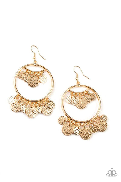 All Chime High Gold Earrings-Jewelry-Paparazzi Accessories-Ericka C Wise, $5 Jewelry Paparazzi accessories jewelry ericka champion wise elite consultant life of the party fashion fix lead and nickel free florida palm bay melbourne