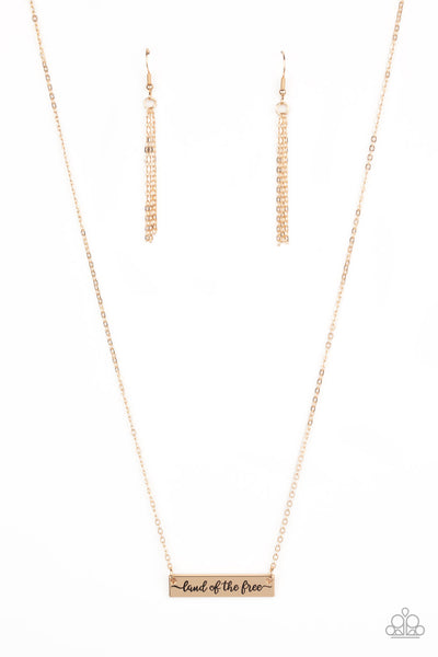 Land of the Free Gold Necklace-Jewelry-Paparazzi Accessories-Ericka C Wise, $5 Jewelry Paparazzi accessories jewelry ericka champion wise elite consultant life of the party fashion fix lead and nickel free florida palm bay melbourne