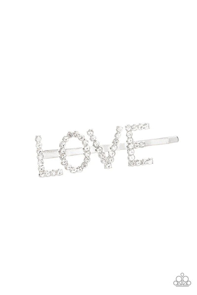 All You Need is Love White Hair Clip-Jewelry-Paparazzi Accessories-Ericka C Wise, $5 Jewelry Paparazzi accessories jewelry ericka champion wise elite consultant life of the party fashion fix lead and nickel free florida palm bay melbourne