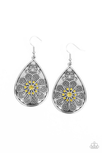 Banquet Bling Yellow Earring-Jewelry-Paparazzi Accessories-Ericka C Wise, $5 Jewelry Paparazzi accessories jewelry ericka champion wise elite consultant life of the party fashion fix lead and nickel free florida palm bay melbourne