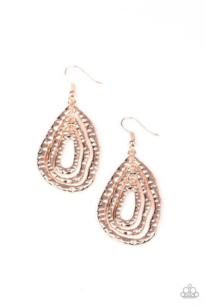 Metallic Meltdown Rose Gold Earrings-Jewelry-Paparazzi Accessories-Ericka C Wise, $5 Jewelry Paparazzi accessories jewelry ericka champion wise elite consultant life of the party fashion fix lead and nickel free florida palm bay melbourne