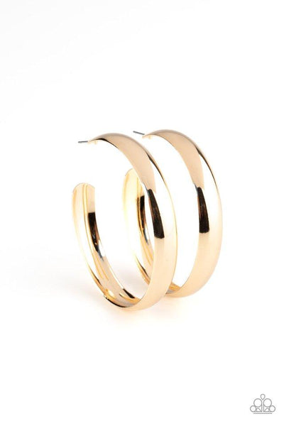 Kick Em To the Curve Gold Hoop Earrings-Jewelry-Paparazzi Accessories-Ericka C Wise, $5 Jewelry Paparazzi accessories jewelry ericka champion wise elite consultant life of the party fashion fix lead and nickel free florida palm bay melbourne