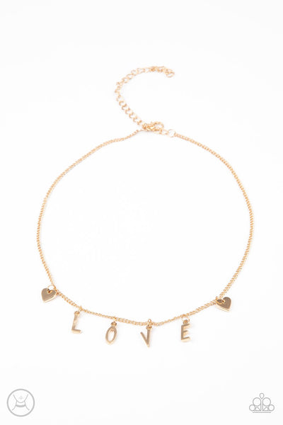 Love Conquers All Gold Necklace-Jewelry-Paparazzi Accessories-Ericka C Wise, $5 Jewelry Paparazzi accessories jewelry ericka champion wise elite consultant life of the party fashion fix lead and nickel free florida palm bay melbourne