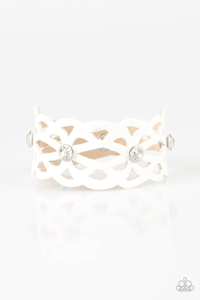 Runaway Radiance White Bracelet-Jewelry-Paparazzi Accessories-Ericka C Wise, $5 Jewelry Paparazzi accessories jewelry ericka champion wise elite consultant life of the party fashion fix lead and nickel free florida palm bay melbourne