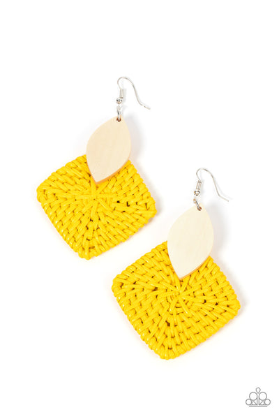Sabbatical Weave Yellow Earrings-Jewelry-Paparazzi Accessories-Ericka C Wise, $5 Jewelry Paparazzi accessories jewelry ericka champion wise elite consultant life of the party fashion fix lead and nickel free florida palm bay melbourne