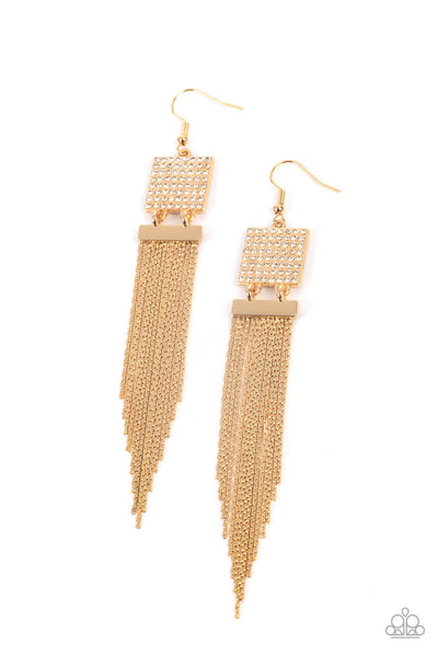 Dramatically Deco Gold Earrings-Jewelry-Paparazzi Accessories-Ericka C Wise, $5 Jewelry Paparazzi accessories jewelry ericka champion wise elite consultant life of the party fashion fix lead and nickel free florida palm bay melbourne