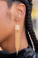 Dramatically Deco Gold Earrings-Jewelry-Paparazzi Accessories-Ericka C Wise, $5 Jewelry Paparazzi accessories jewelry ericka champion wise elite consultant life of the party fashion fix lead and nickel free florida palm bay melbourne