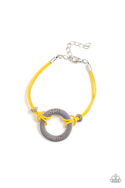 Choose Happy Yellow Bracelet-Jewelry-Paparazzi Accessories-Ericka C Wise, $5 Jewelry Paparazzi accessories jewelry ericka champion wise elite consultant life of the party fashion fix lead and nickel free florida palm bay melbourne