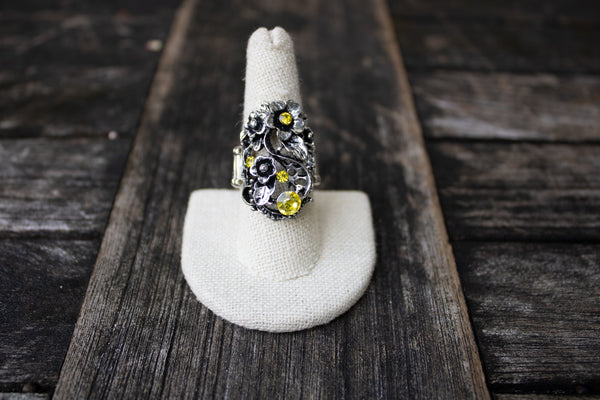Vintage Silver and Yellow Floral Ring-Jewelry-Paparazzi Accessories-Ericka C Wise, $5 Jewelry Paparazzi accessories jewelry ericka champion wise elite consultant life of the party fashion fix lead and nickel free florida palm bay melbourne