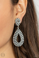 Pack in the Pizzazz White Clip On Earrings-Jewelry-Paparazzi Accessories-Ericka C Wise, $5 Jewelry Paparazzi accessories jewelry ericka champion wise elite consultant life of the party fashion fix lead and nickel free florida palm bay melbourne
