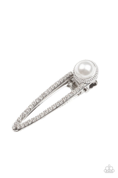 Expert in Elegance White Hair Clip-Jewelry-Paparazzi Accessories-Ericka C Wise, $5 Jewelry Paparazzi accessories jewelry ericka champion wise elite consultant life of the party fashion fix lead and nickel free florida palm bay melbourne
