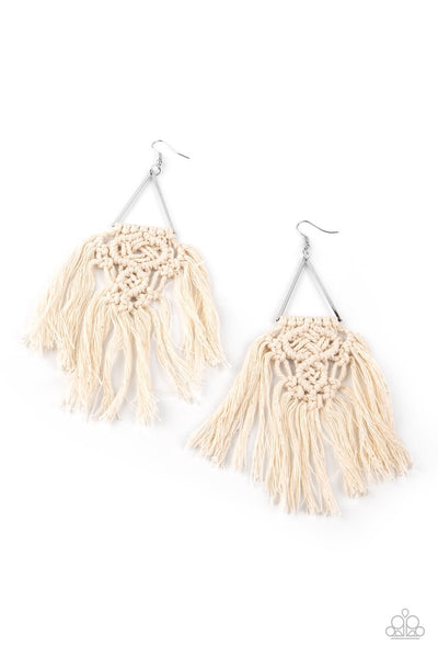 Modern Day Macrame White Earrings-Jewelry-Paparazzi Accessories-Ericka C Wise, $5 Jewelry Paparazzi accessories jewelry ericka champion wise elite consultant life of the party fashion fix lead and nickel free florida palm bay melbourne