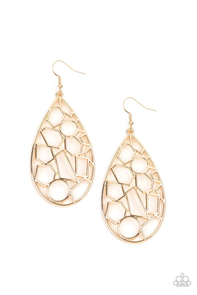 Reshaped Radiance Gold Earrings-Jewelry-Paparazzi Accessories-Ericka C Wise, $5 Jewelry Paparazzi accessories jewelry ericka champion wise elite consultant life of the party fashion fix lead and nickel free florida palm bay melbourne