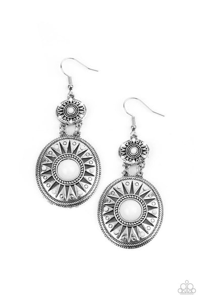 Temple of the Sun White Earrings-Jewelry-Paparazzi Accessories-Ericka C Wise, $5 Jewelry Paparazzi accessories jewelry ericka champion wise elite consultant life of the party fashion fix lead and nickel free florida palm bay melbourne