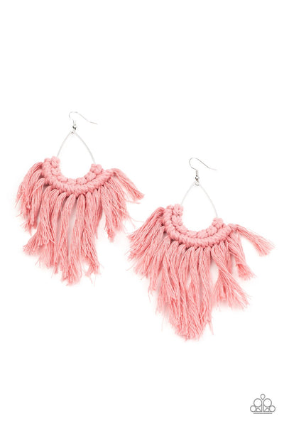 Wanna Piece of Macrame Pink Earrings-Jewelry-Paparazzi Accessories-Ericka C Wise, $5 Jewelry Paparazzi accessories jewelry ericka champion wise elite consultant life of the party fashion fix lead and nickel free florida palm bay melbourne