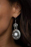 Temple of the Sun White Earrings-Jewelry-Paparazzi Accessories-Ericka C Wise, $5 Jewelry Paparazzi accessories jewelry ericka champion wise elite consultant life of the party fashion fix lead and nickel free florida palm bay melbourne